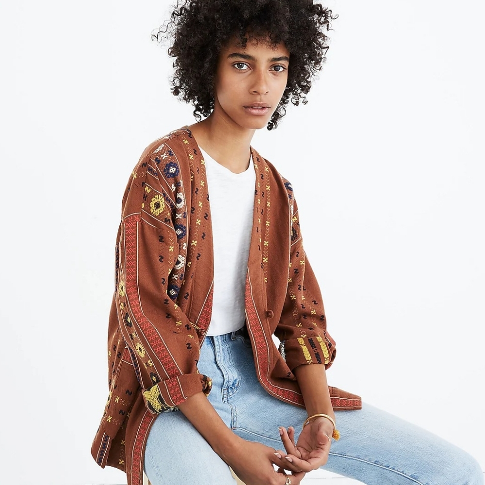 Madewell, Shirttail Wrap Jacket, Size-XS, Brown, Jacquard Pattern